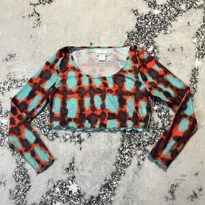 Annorlunda Shirt Womens Sz 12 Long Sleeve Mesh Crop Top blue‎ red abstract